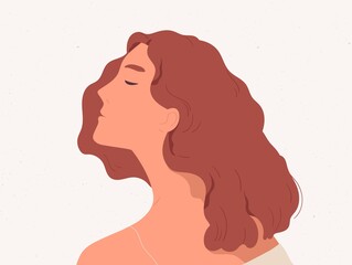Calm and peaceful woman dreaming or thinking. Profile portrait of reflective young lady in her thoughts. Flat cartoon colorful vector illustration isolated on textured background © Good Studio