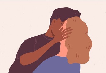 Cute multiracial couple kissing. Romantic relations between man and woman. Young people in love isolated. Boyfriend touching girlfriend's face tenderly. Colorful flat vector illustration
