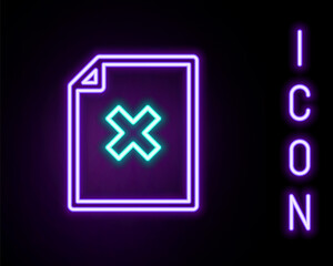 Glowing neon line Delete file document icon isolated on black background. Rejected document icon. Cross on paper. Colorful outline concept. Vector.