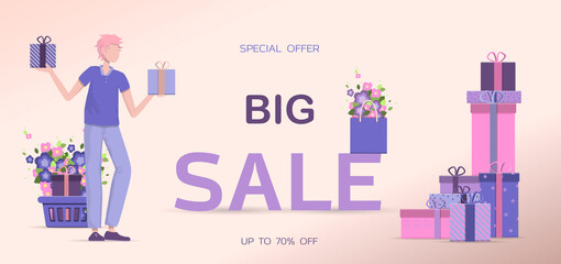 Big spring sale. banner for discounts for Easter, March 8 or Mother s Day. Cute vector illustration with gifts, flowers and lettering. Flat design in cute purple and pink tones for advertising, banner