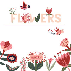 Fototapeta na wymiar Geometric text Flowers for greeting card or wedding invitation. Abstract botanic flyer design with floral and birds. Template for spring, summer party.