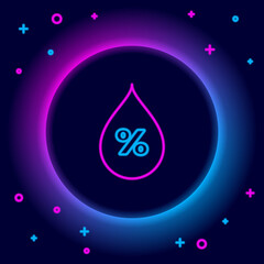 Glowing neon line Water drop percentage icon isolated on black background. Humidity analysis. Colorful outline concept. Vector.