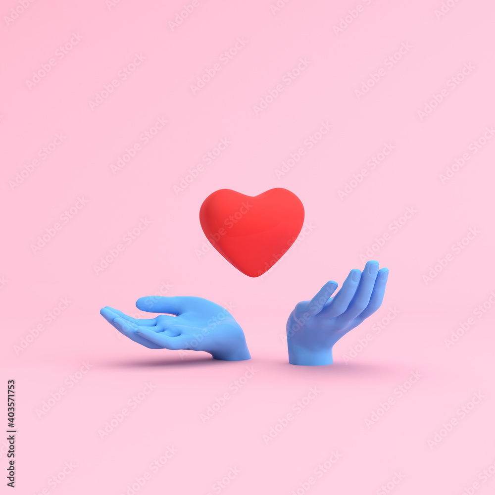 Poster minimal scene of hands holding floating heart, valentine concept, 3d rendering.
