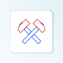 Line Two crossed hammers icon isolated on white background. Tool for repair. Colorful outline concept. Vector.