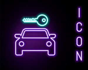 Glowing neon line Car rental icon isolated on black background. Rent a car sign. Key with car. Concept for automobile repair service, spare parts store. Colorful outline concept. Vector.