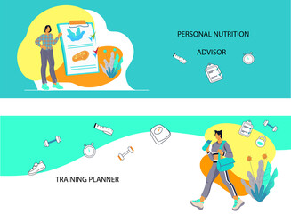 Flyers or banners set on topic of weight loss and healthy activity, vector illustration. Diet nutrition advisor and sport training planner web page interface.