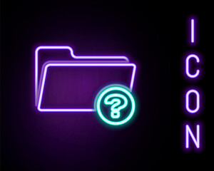 Glowing neon line Unknown directory icon isolated on black background. Magnifying glass and folder. Colorful outline concept. Vector.
