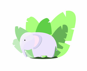 Cute elephant on the background of green leaves. Children's illustration
