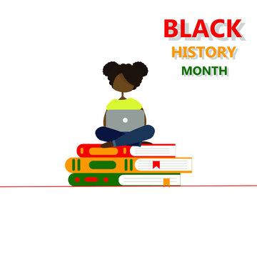 Black history month. An illustration of a black girl sitting on a stack of books. Learning about African culture. Isolated on white. 