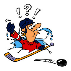 Hockey player fell into a hole in the ice on the lake and spits water, winter sport joke, color cartoon