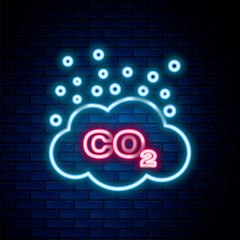 Glowing neon line CO2 emissions in cloud icon isolated on brick wall background. Carbon dioxide formula symbol, smog pollution concept, environment concept. Colorful outline concept. Vector.