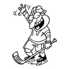 Hockey player laughing and waving his hand in greeting, winter sport joke, black and white cartoon