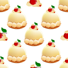 Seamless background with pastries and sweets. Pattern in red and white beige tones. Printing, packaging design, packaging, textiles.