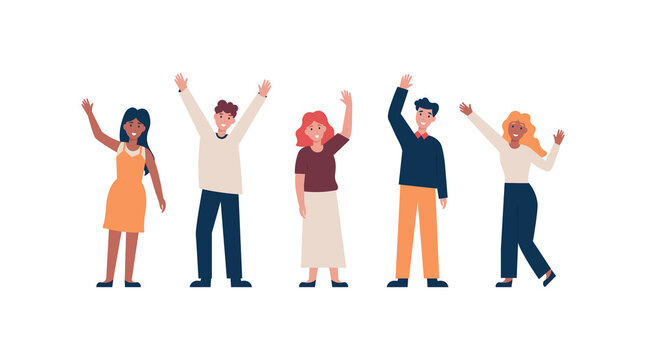 Set of different nationality people greeting gesture, waving hand. Flat vector cartoon illustration.
