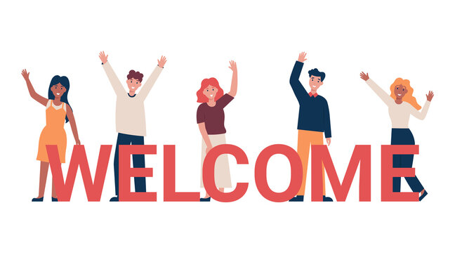 Set of different nationality people greeting gesture, waving hand. Concept new team member. Flat vector cartoon illustration.