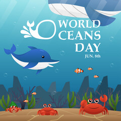 Illustration World Oceans Day , Conserve Aquatic and Natural Living in the Ocean , Cute Cartoon Character , Typography , vector eps10 design