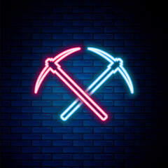 Glowing neon line Crossed pickaxe icon isolated on brick wall background. Blockchain technology, cryptocurrency mining, bitcoin, altcoins, digital money market. Colorful outline concept. Vector.