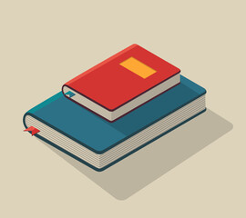 Isometric vector illustration of books. Little red book is on big blue book. Isolated.