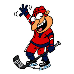 Hockey player laughing and waving his hand in greeting, winter sport joke, color cartoon