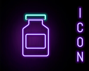 Obraz premium Glowing neon line Medicine bottle icon isolated on black background. Bottle pill sign. Pharmacy design. Colorful outline concept. Vector.