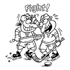 Hockey players fight hard for the puck, attack and foul, winter sport joke, black and white cartoon