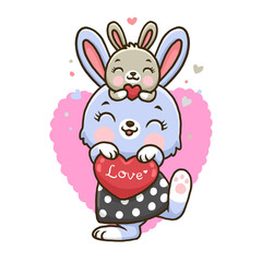 Cute bunny with love isolated on white background.