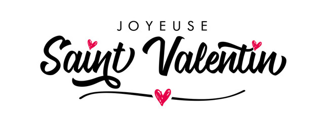 Joyeuse saint Valentin French calligraphy - Happy Valentines Day elegant card. Horizontal Valentine holiday lettering, romantic header for website template, France banner design. Festive vector - obrazy, fototapety, plakaty