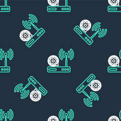 Line Router and wi-fi signal and gear icon isolated seamless pattern on black background. Adjusting app, service concept, setting options, maintenance, repair, fixing. Vector.