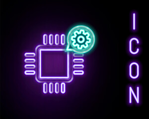 Glowing neon line Processor and gear icon isolated on black background. CPU, chip service concept. Adjusting app, setting options, maintenance, repair, fixing. Colorful outline concept. Vector.