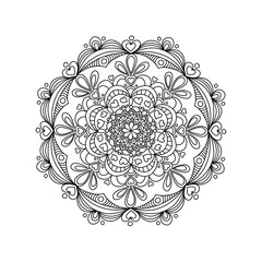Mandala with hearts for romantic date and valentine day. Design for coloring book page for adults and kids, Black and white drawing isolated on white