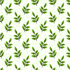 Vector seamless pattern with green foliate twigs; for wrapping paper, packaging, posters, banners.