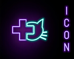 Glowing neon line Veterinary clinic symbol icon isolated on black background. Cross with cat veterinary care. Pet First Aid sign. Colorful outline concept. Vector.