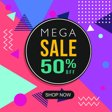 Mega sale modern banner template design. Vector stock illustration for social media. Memphis Style, discounts, bright colors