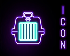 Glowing neon line Pet carry case icon isolated on black background. Carrier for animals, dog and cat. Container for animals. Animal transport box. Colorful outline concept. Vector.