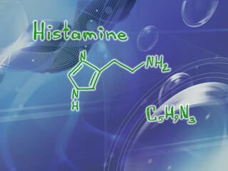 Chemical molecular formula of the hormone histamine X . Infographics. Abstract bright glitter blue background.