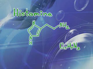 Chemical molecular formula of the hormone histamine X . Infographics. Abstract bright glitter blue...