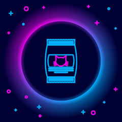 Glowing neon line Bag of food for cat icon isolated on black background. Food for animals. Pet food package. Colorful outline concept. Vector.