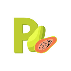 Fruits Alphabet - Letter P for Papaya. Education for Kids Flat Vector Illustration.