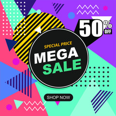 Mega sale modern banner template design. Vector stock illustration for social media. Memphis Style, discounts, bright colors