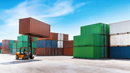 Container stacking cargo with forklift truck working in shipping harbor - obrazy, fototapety, plakaty