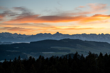 mountain ridge with the peak of Stockhorn at an autumn sunset seen from Chuderhüsi