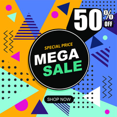 Obraz premium Mega sale modern banner template design. Vector stock illustration for social media. Memphis Style, discounts, bright colors