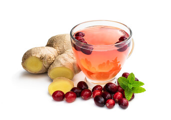 Tea with ginger root and cranberry isolated on white background