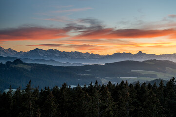 Niesen and Stockhorn in the Bernese Alps seen from Emmental at sunset