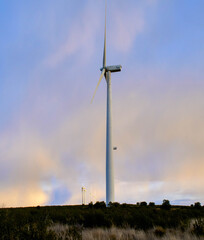 Vertical view of a wind mill with yellow and blue sky