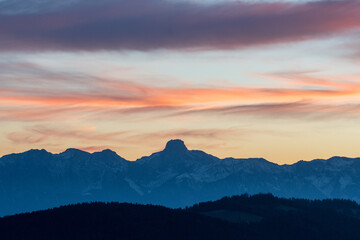 peaks Stockhorn at an autumn sunset  with hills of emmental