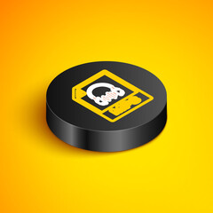 Isometric line MP3 file document. Download mp3 button icon isolated on yellow background. Mp3 music format sign. MP3 file symbol. Black circle button. Vector.