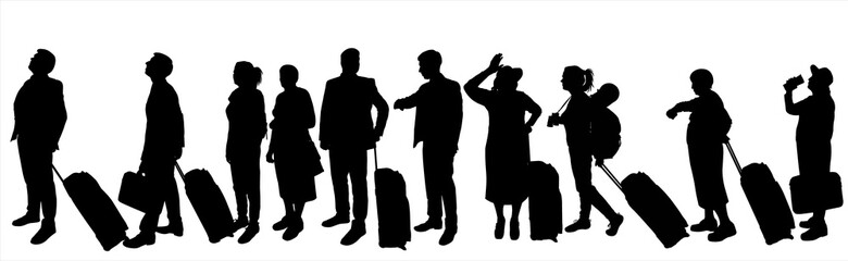 People stand one after another in one line. Passengers with baggage, carry-on luggage, suitcase on wheels. Line of ten adults. Black silhouette of a man, guy, girl, woman, grandmother, senior woman.