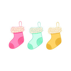 Three christmas socks isolated in doodle style on white background