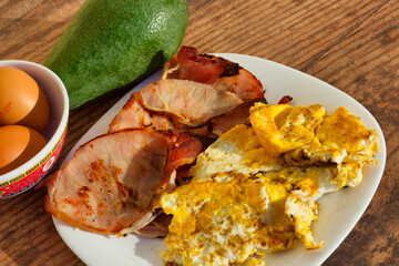 First day Keto breakfast of cooked Bacon and Eggs